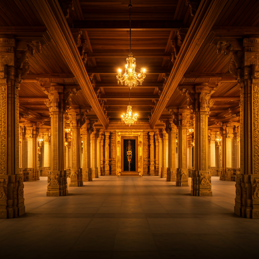 Golden Kerala temple interior with warm spiritual lighting
